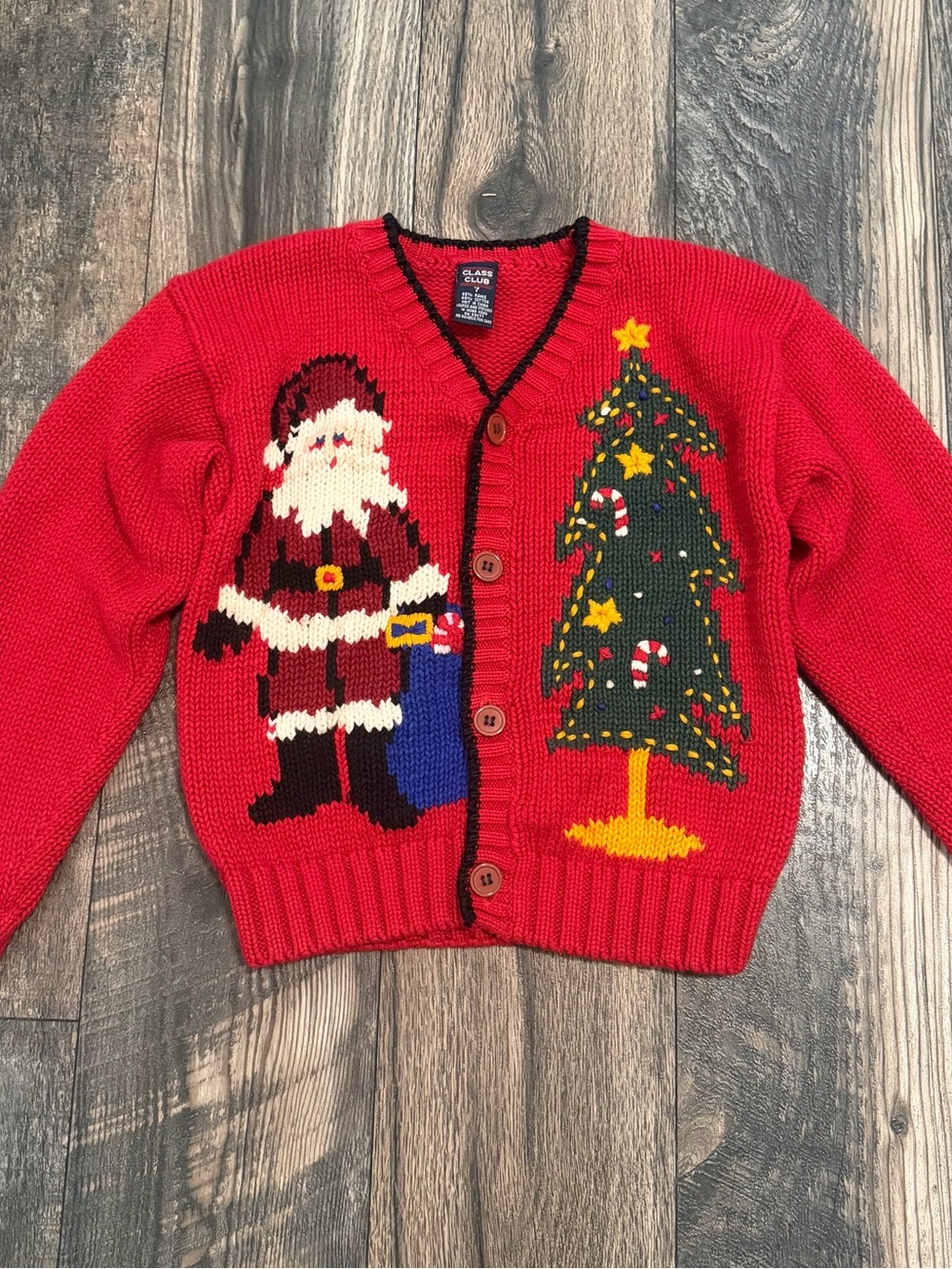 Vintage Class Club Kids Red SantaTree Holiday Christmas Knit Cardigan Girl Boy 7